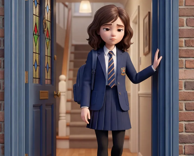 A young person in school uniform standing in a doorway.