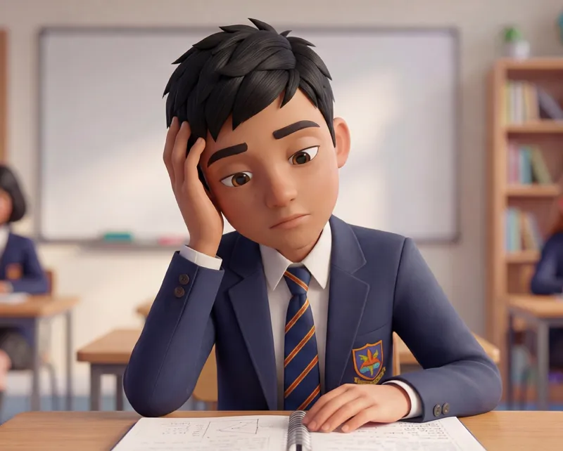 A tired young person sitting at a school desk.