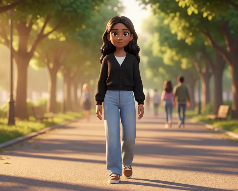 A young person walking along a tree-lined path.